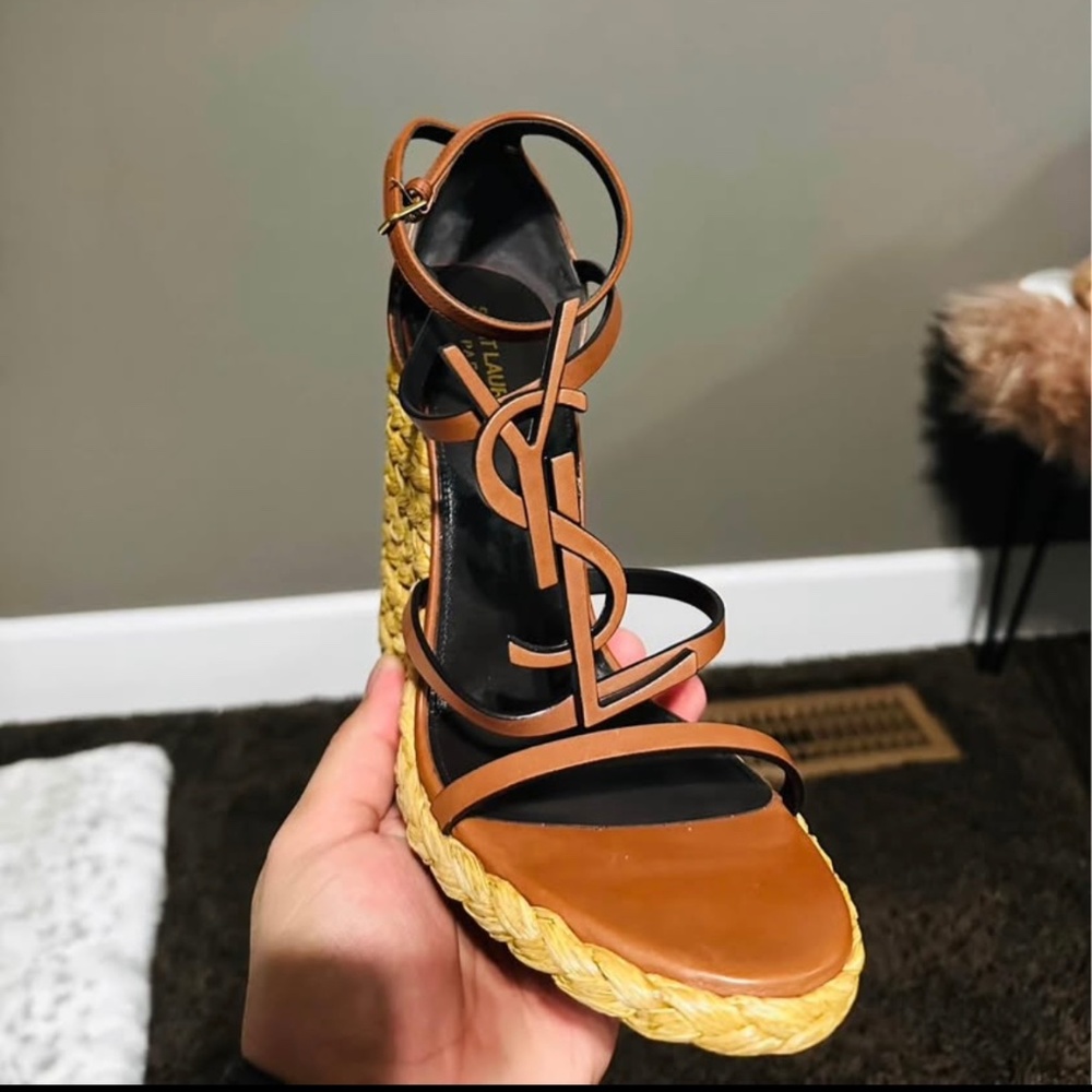 SAINT LAURENT CASSANDRA OPEN TOE WEDGE SANDALS